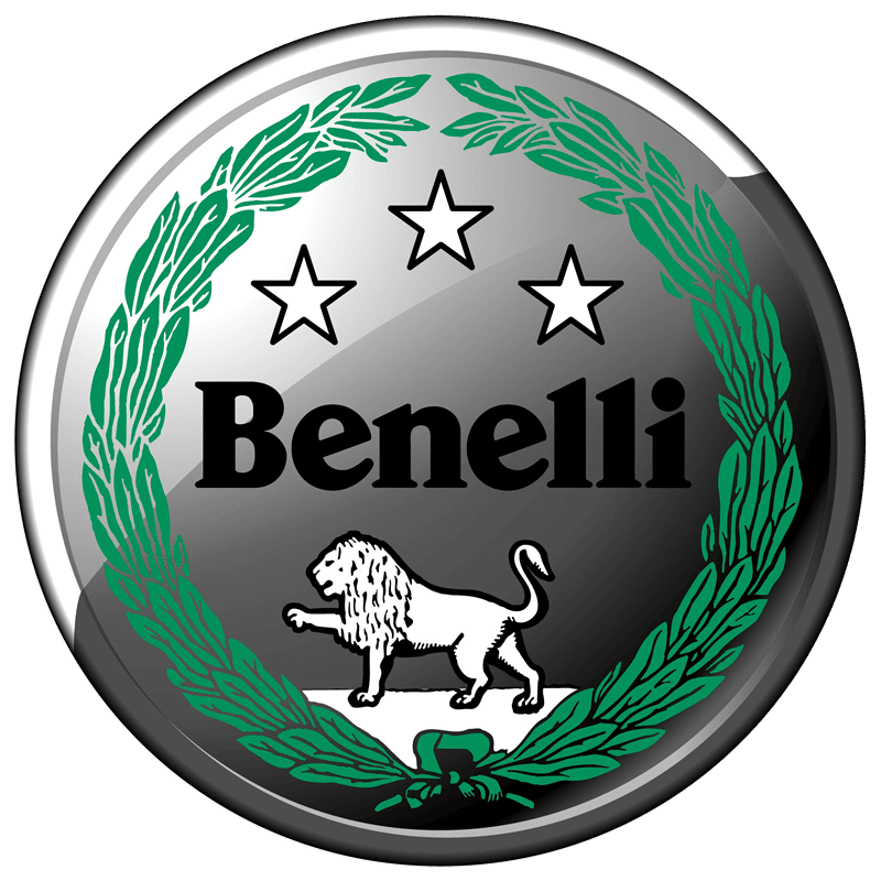 Sigla Benelli cu leu și frunze verzi.